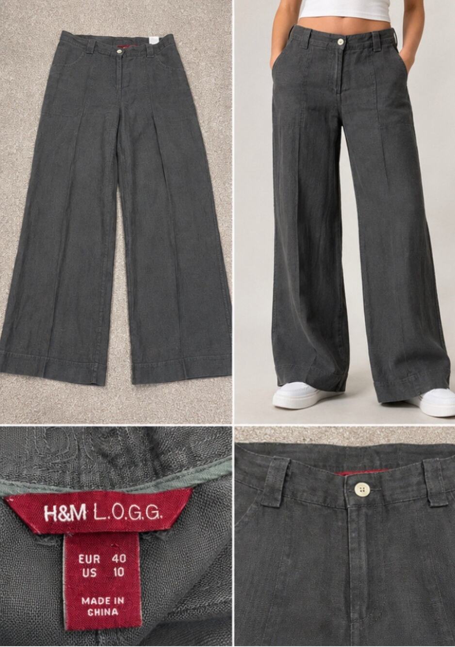 Coastal Barrel Relaxed H&M L.O.G.G. Wide Leg Linen Pants Size 10 Charcoal Gray